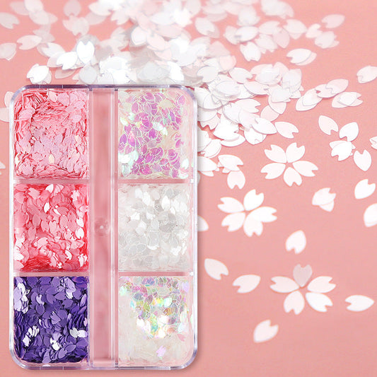 2022 New Net Red White Cherry Blossom Petal Sequins Japanese Nail Enhancement Patch Polarized Shiny Sheer 6 Grid Box