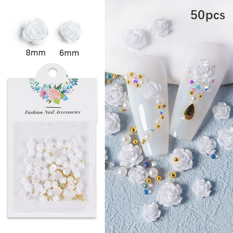 50 beads in cardboard bag Guangshan Camellia Nail Enhancements White Camellia Accessories with steel beads and pearls