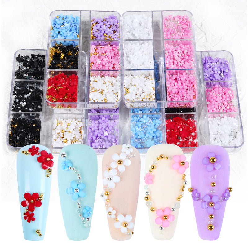 Boxed five petal flower nail enhancement accessories Size mix flower resin jewelry Flower pearl nail accessories